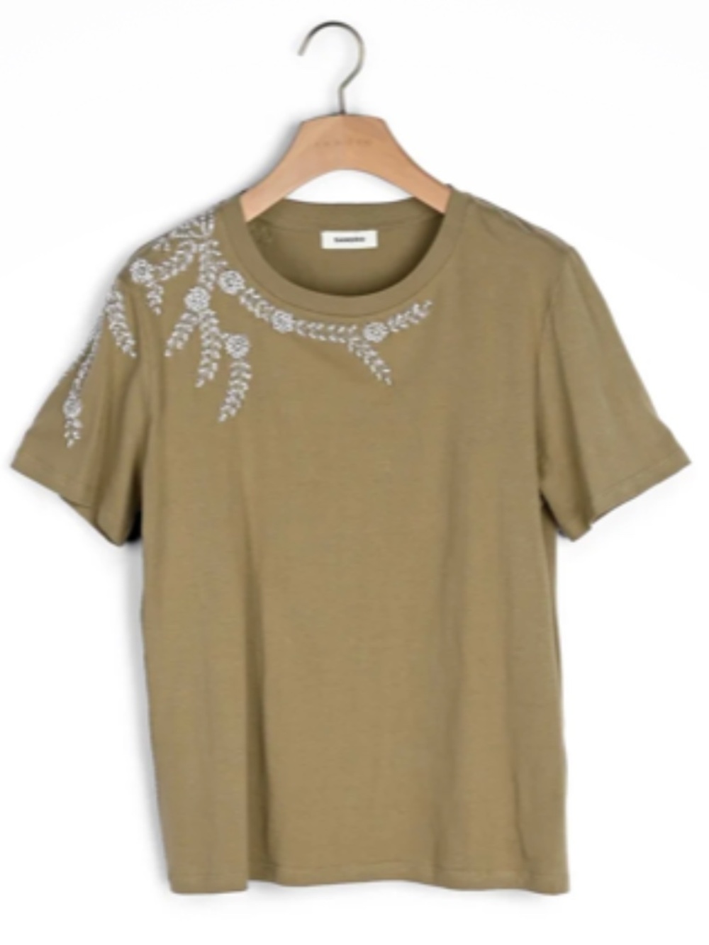 NEW Sandro Olive Green Rhinestone Embellished T-Shirt Size 4 US XL - Picture 4 of 11
